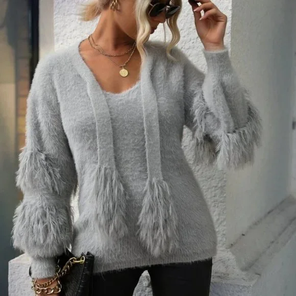 Fringe Trim soft comfy Fuzzy Knit Sweater Top Gray - Picture 1 of 7